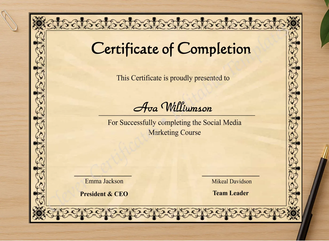 Professional preview of Professional Course Completion Certificate certificate on high-quality stationery paper, ideal for showcasing the final look.
