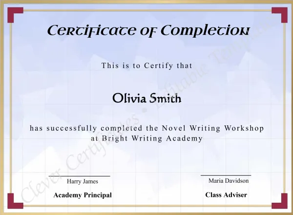 Novel Writing Workshop Completion Certificate