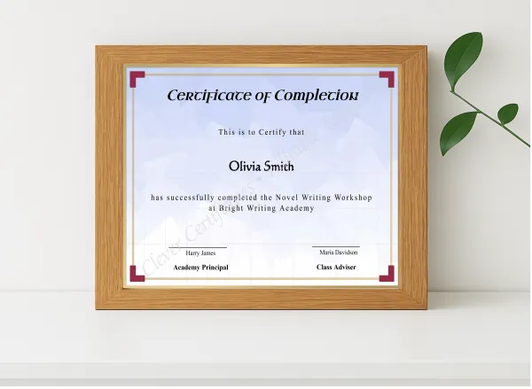 Realistic mockup featuring Novel Writing Workshop Completion Certificate displayed within a modern frame, set against a minimalistic background.