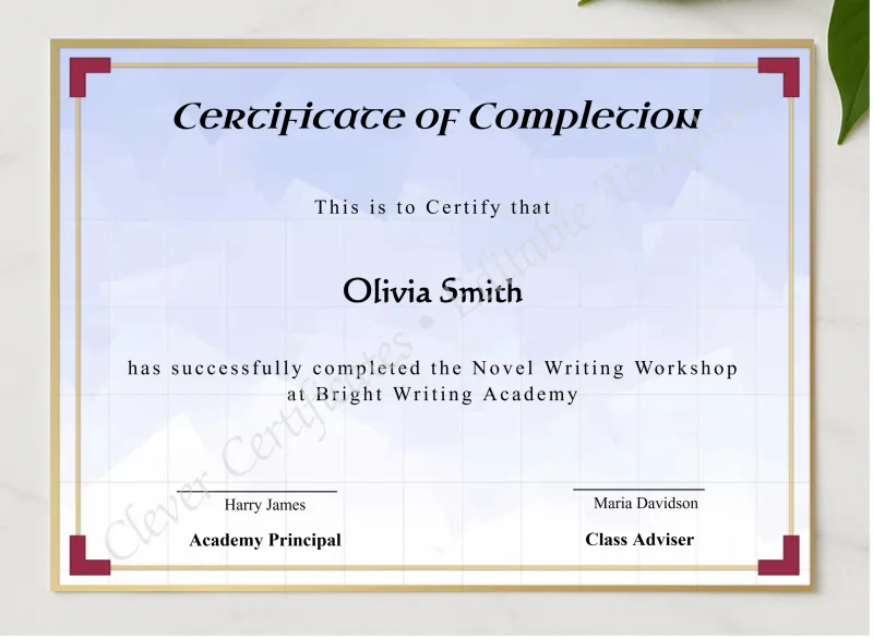 Novel Writing Workshop Completion Certificate presented in a sleek wooden frame, elegantly arranged on a stylish table.