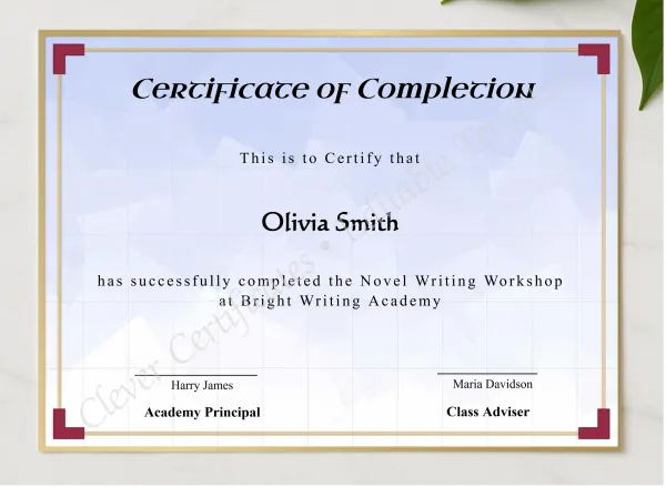 Novel Writing Workshop Completion Certificate presented in a sleek wooden frame, elegantly arranged on a stylish table.