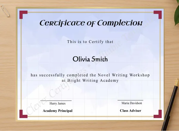 Professional preview of Novel Writing Workshop Completion Certificate certificate on high-quality stationery paper, ideal for showcasing the final look.