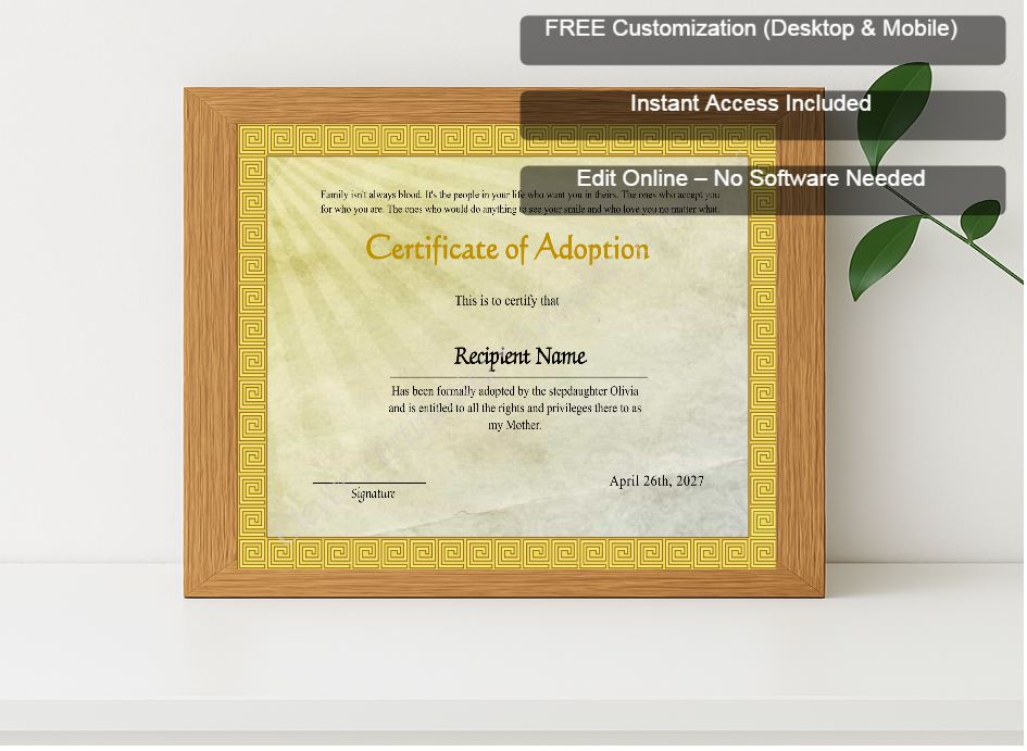 Premium mockup with Free Editor badge stack for Adoption Of Stepmother To Our Family Certificate