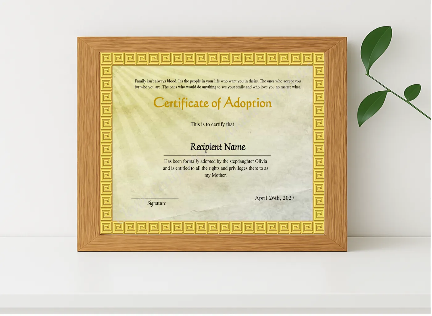 Realistic mockup featuring Adoption Of Stepmother To Our Family Certificate displayed within a modern frame, set against a minimalistic background.
