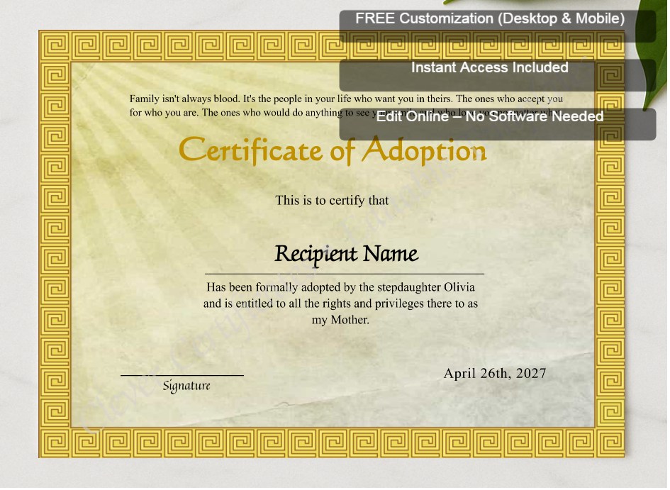 Framed preview featuring Free Editor badge stack for Adoption Of Stepmother To Our Family Certificate