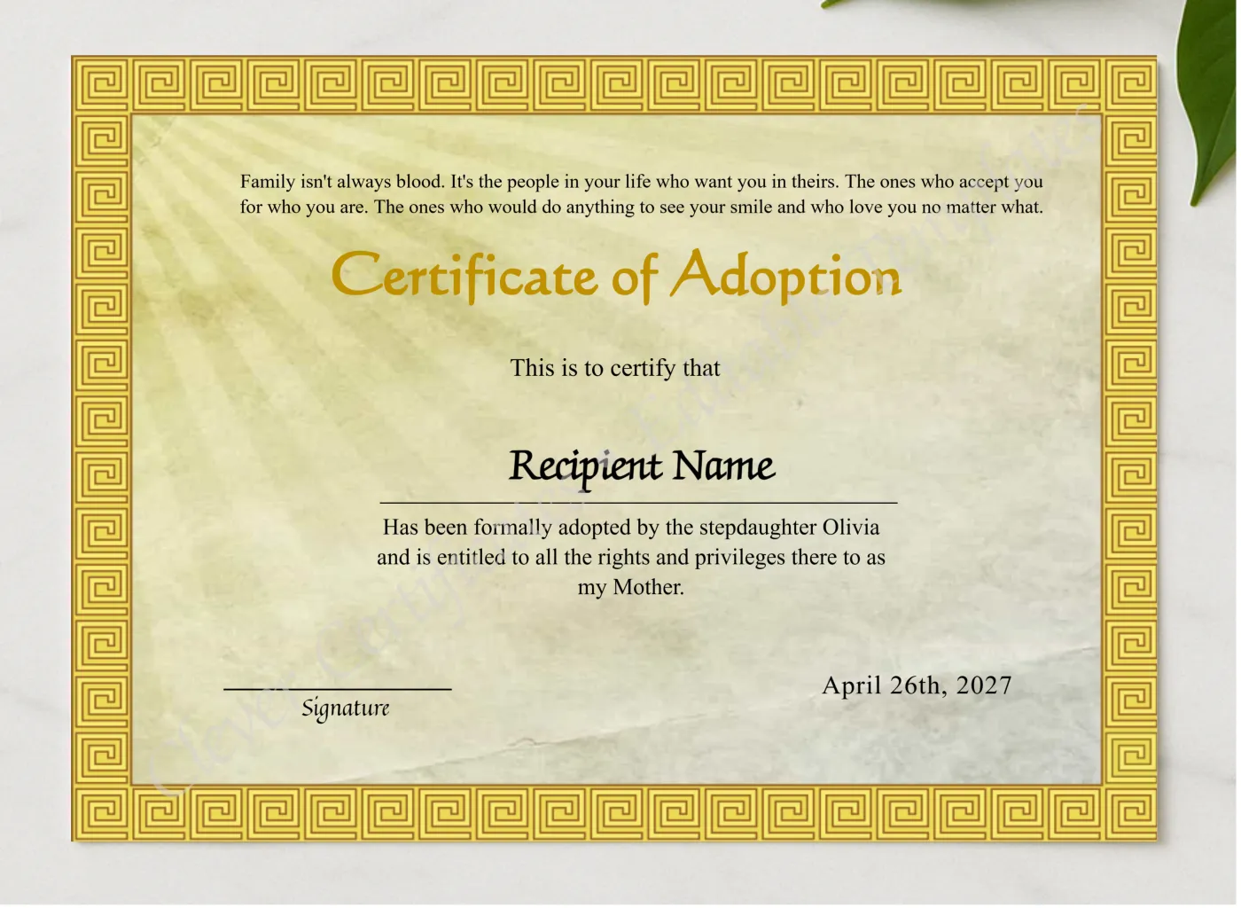 Adoption Of Stepmother To Our Family Certificate presented in a sleek wooden frame, elegantly arranged on a stylish table.