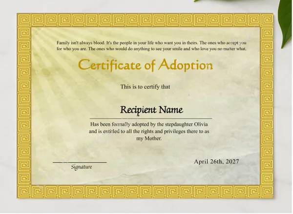 Adoption Of Stepmother To Our Family Certificate presented in a sleek wooden frame, elegantly arranged on a stylish table.