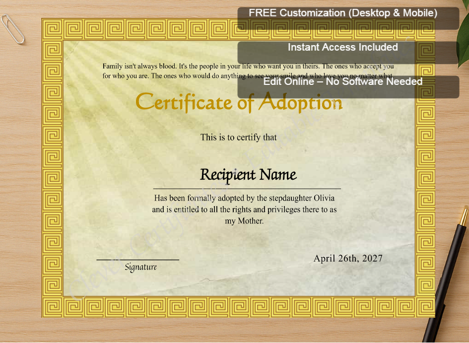 Zoomed preview with Free Editor badge stack for Adoption Of Stepmother To Our Family Certificate