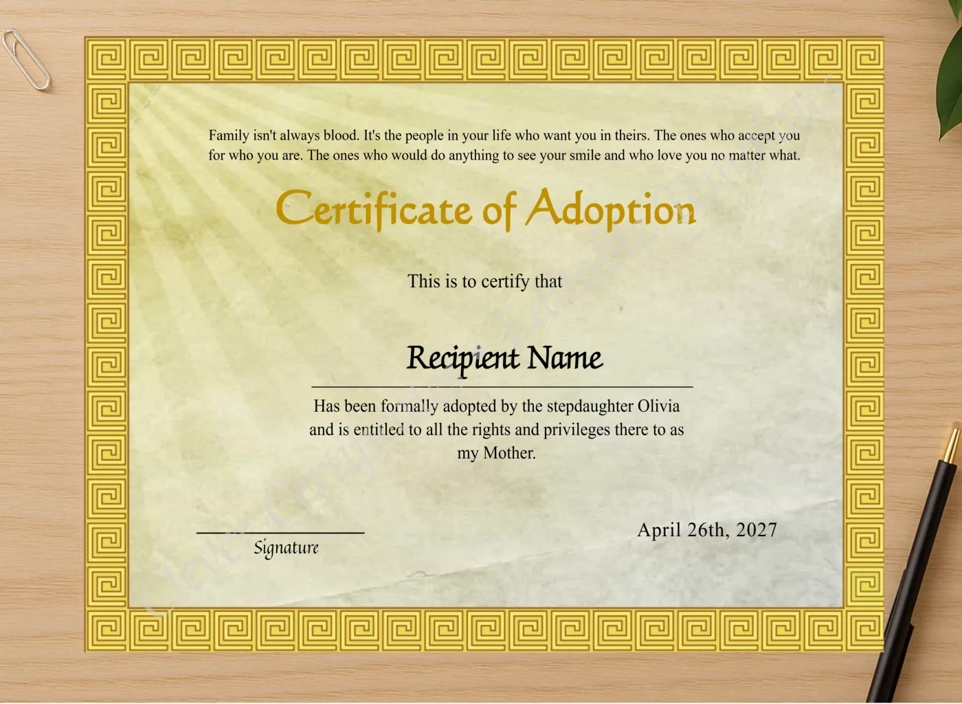 Professional preview of Adoption Of Stepmother To Our Family Certificate certificate on high-quality stationery paper, ideal for showcasing the final look.