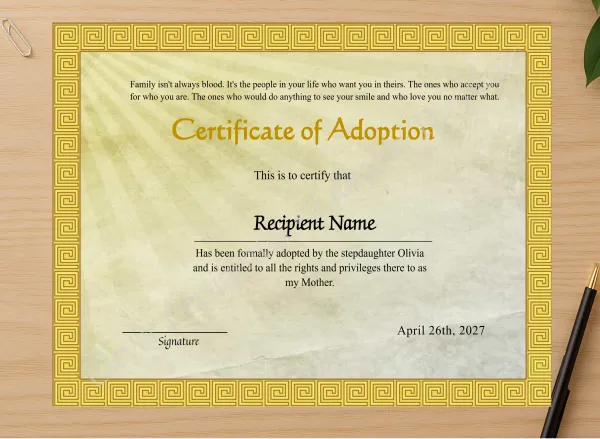Professional preview of Adoption Of Stepmother To Our Family Certificate certificate on high-quality stationery paper, ideal for showcasing the final look.