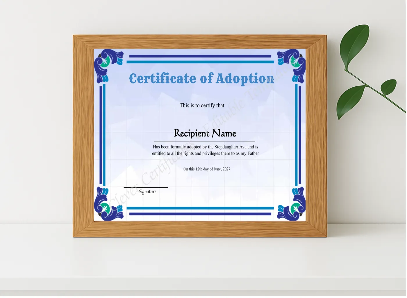 Realistic mockup featuring Adoption Of Stepfather To Our Family Certificate displayed within a modern frame, set against a minimalistic background.