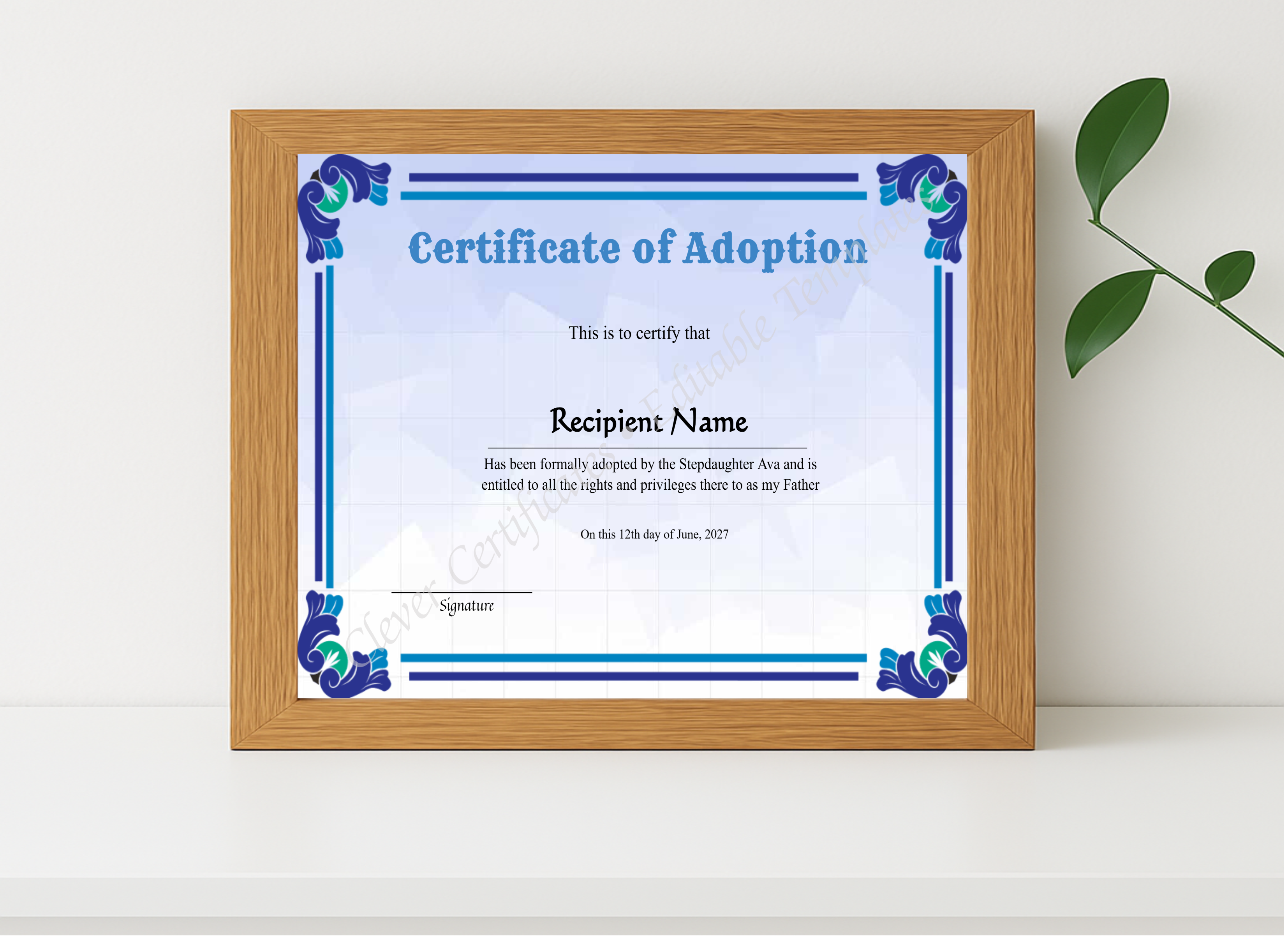 Realistic mockup featuring Adoption Of Stepfather To Our Family Certificate displayed within a modern frame, set against a minimalistic background.