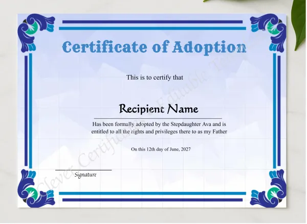 Adoption Of Stepfather To Our Family Certificate presented in a sleek wooden frame, elegantly arranged on a stylish table.