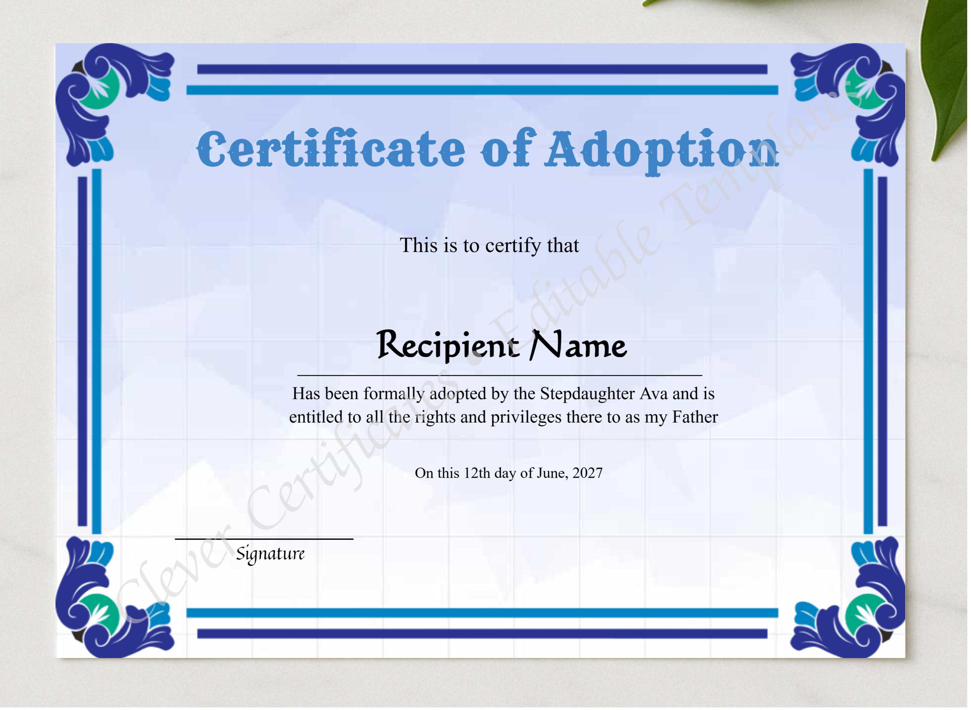 Adoption Of Stepfather To Our Family Certificate presented in a sleek wooden frame, elegantly arranged on a stylish table.