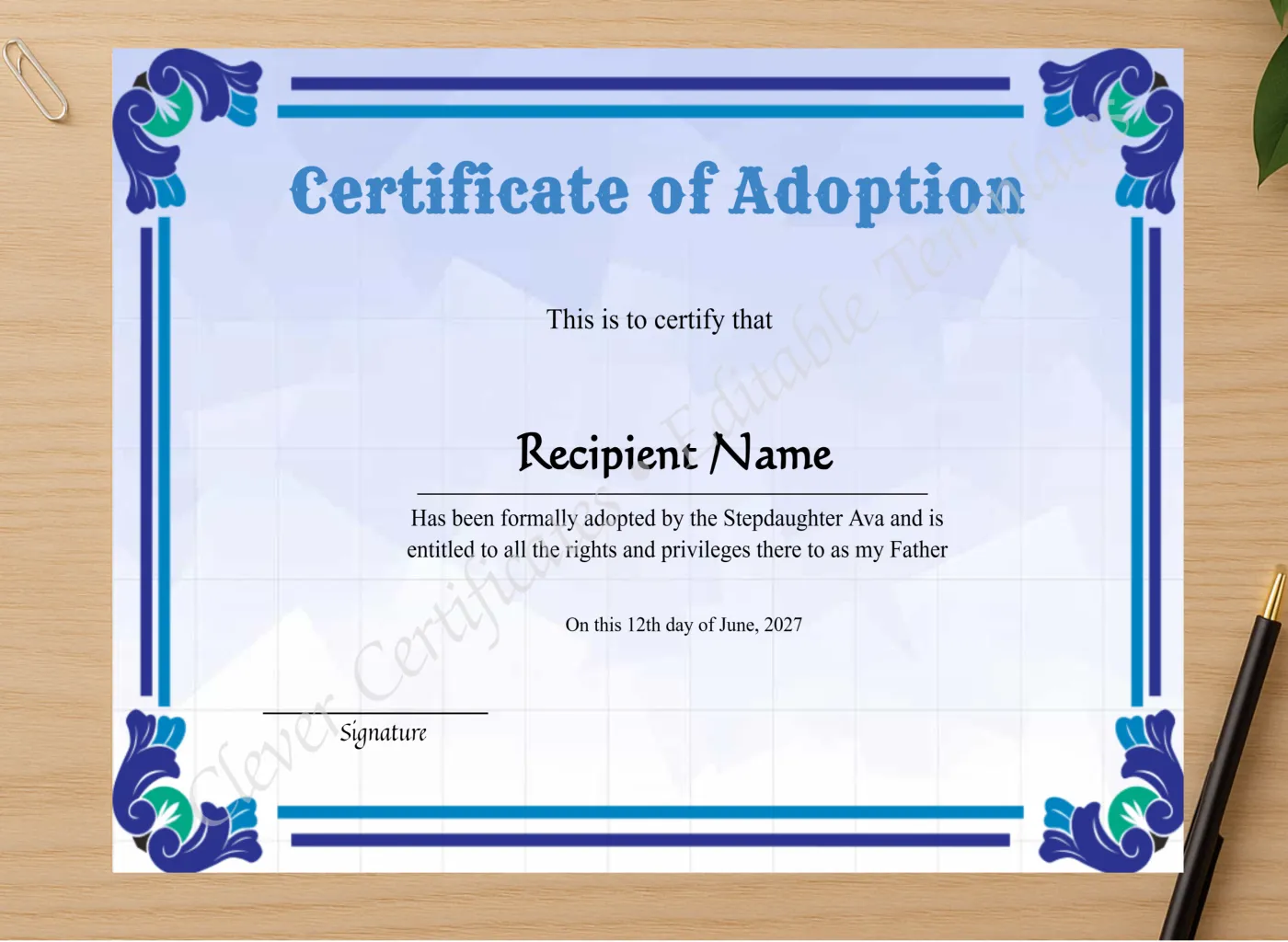 Professional preview of Adoption Of Stepfather To Our Family Certificate certificate on high-quality stationery paper, ideal for showcasing the final look.