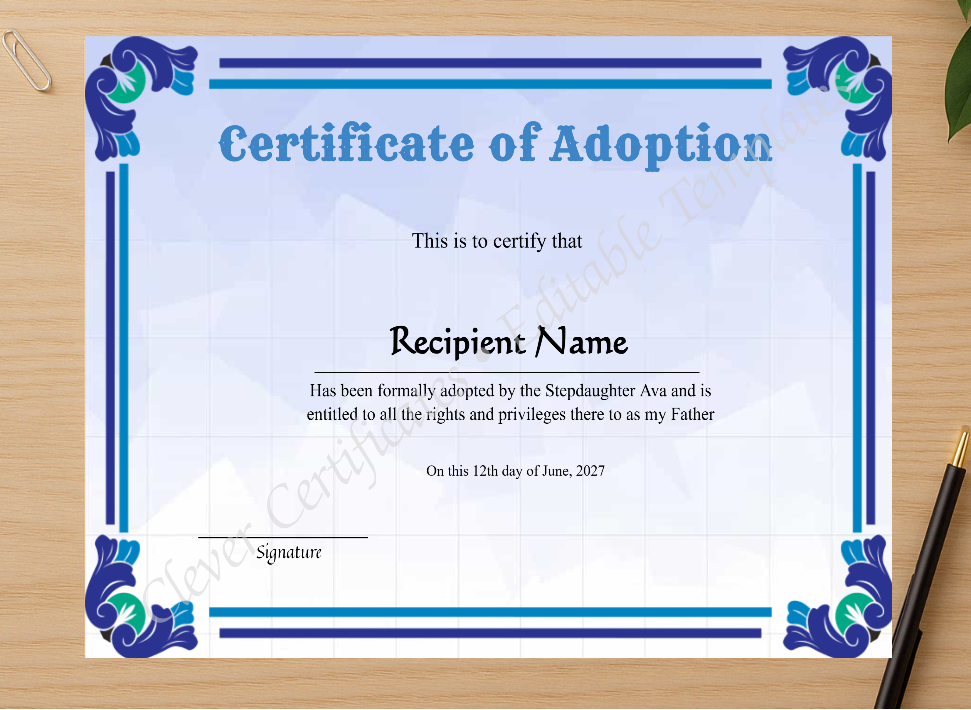 Professional preview of Adoption Of Stepfather To Our Family Certificate certificate on high-quality stationery paper, ideal for showcasing the final look.