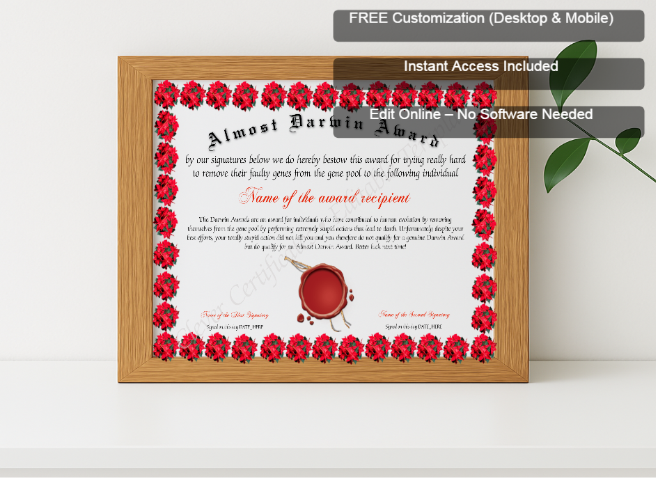 Premium mockup with Free Editor badge stack for Almost Darwin Award