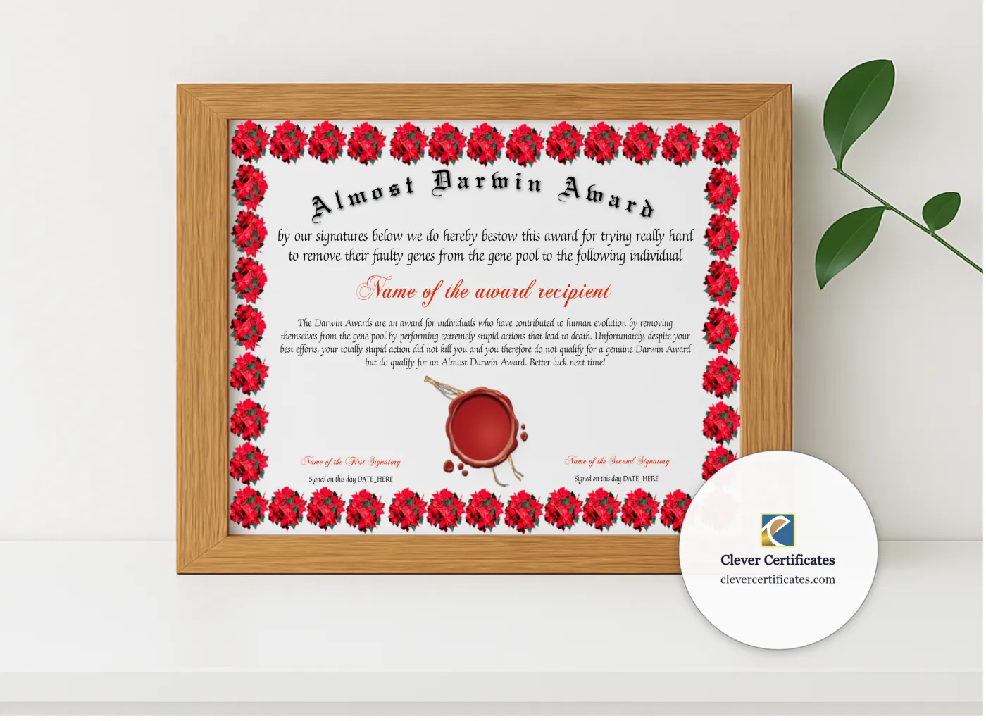 Realistic mockup featuring Almost Darwin Award displayed within a modern frame, set against a minimalistic background.