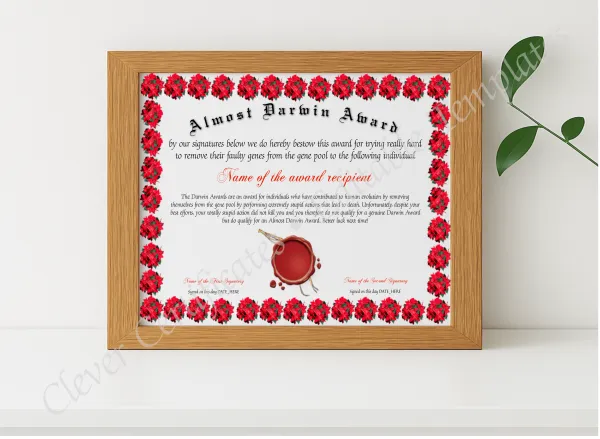 Realistic mockup featuring Almost Darwin Award displayed within a modern frame, set against a minimalistic background.