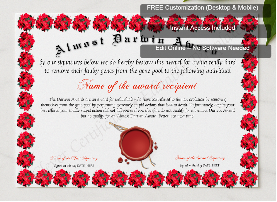 Framed preview featuring Free Editor badge stack for Almost Darwin Award