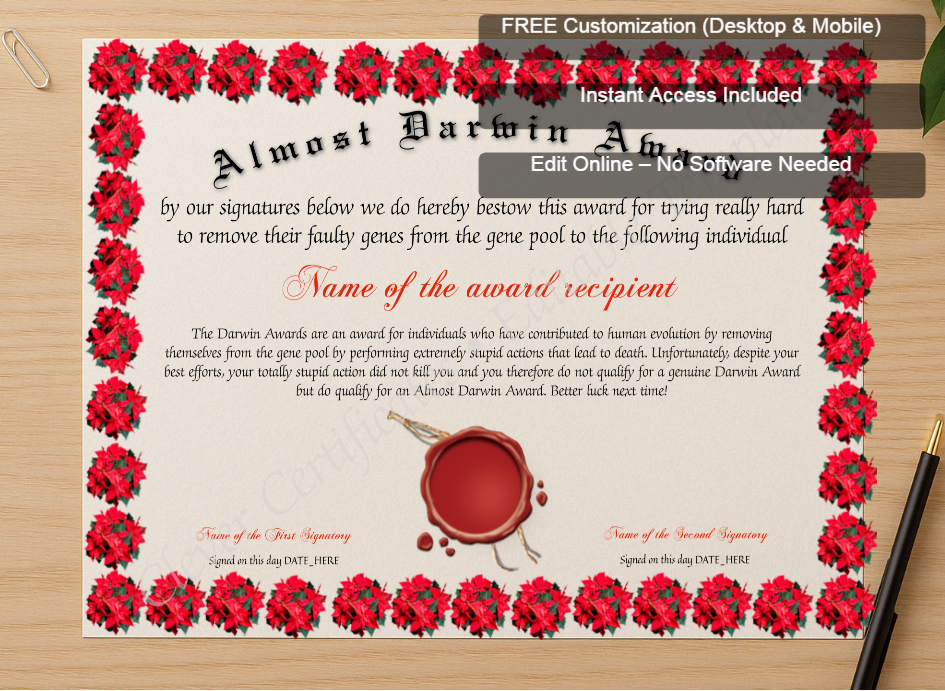Zoomed preview with Free Editor badge stack for Almost Darwin Award