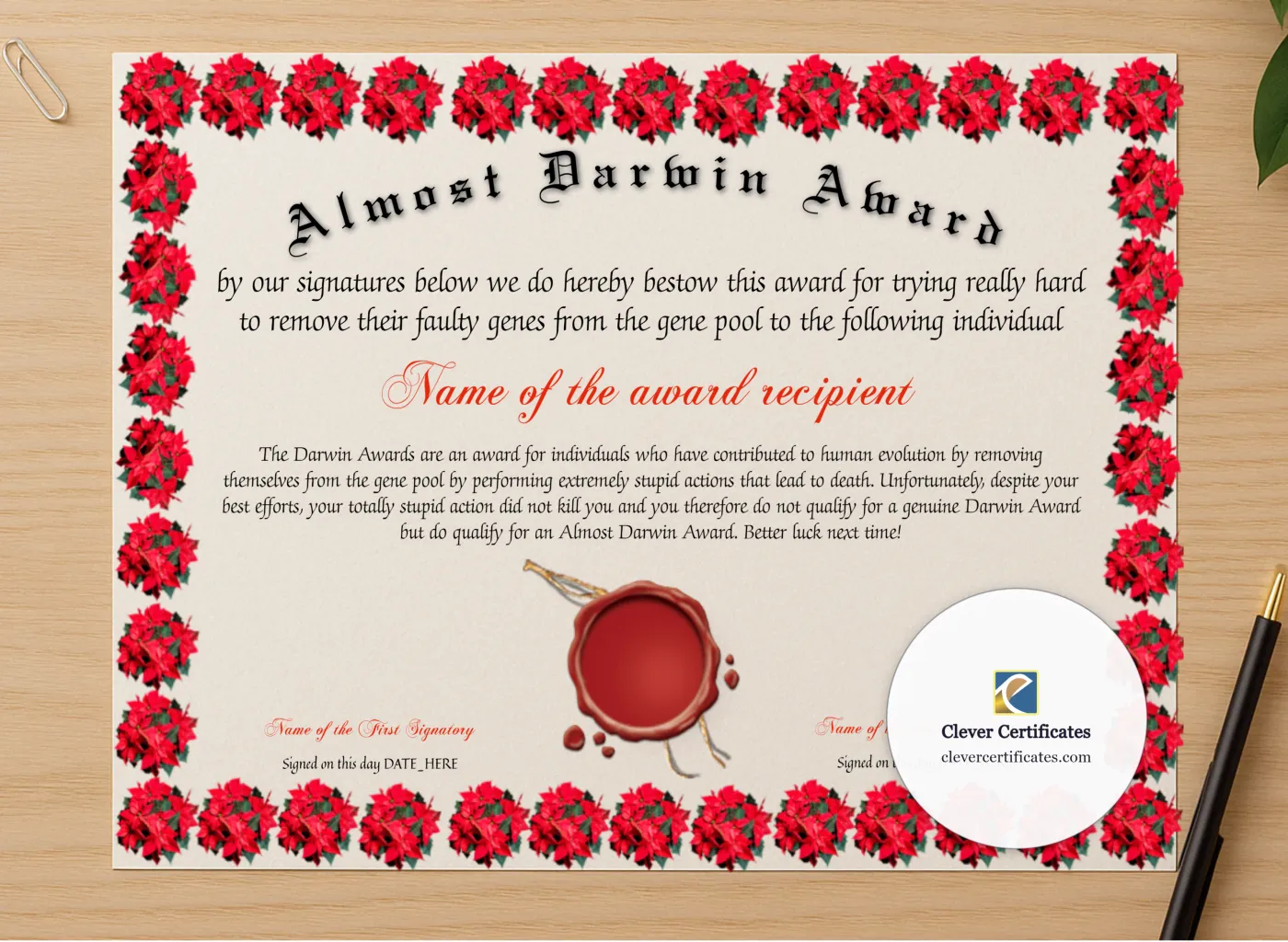 Professional preview of Almost Darwin Award certificate on high-quality stationery paper, ideal for showcasing the final look.