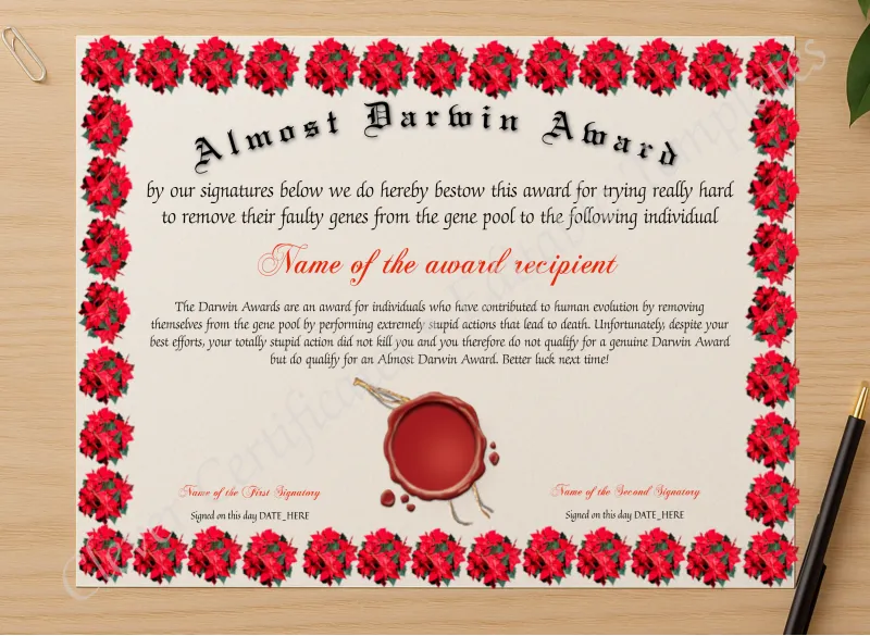 Professional preview of Almost Darwin Award certificate on high-quality stationery paper, ideal for showcasing the final look.