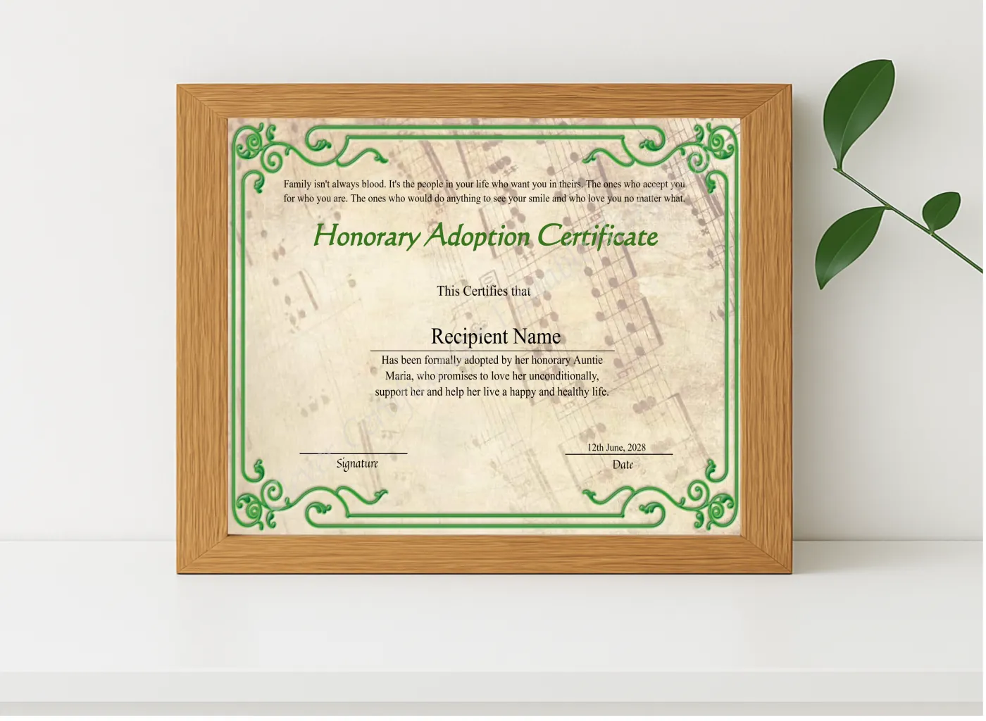 Realistic mockup featuring Editable Honorary Adoption Certificate displayed within a modern frame, set against a minimalistic background.