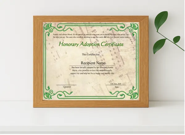Realistic mockup featuring Editable Honorary Adoption Certificate displayed within a modern frame, set against a minimalistic background.