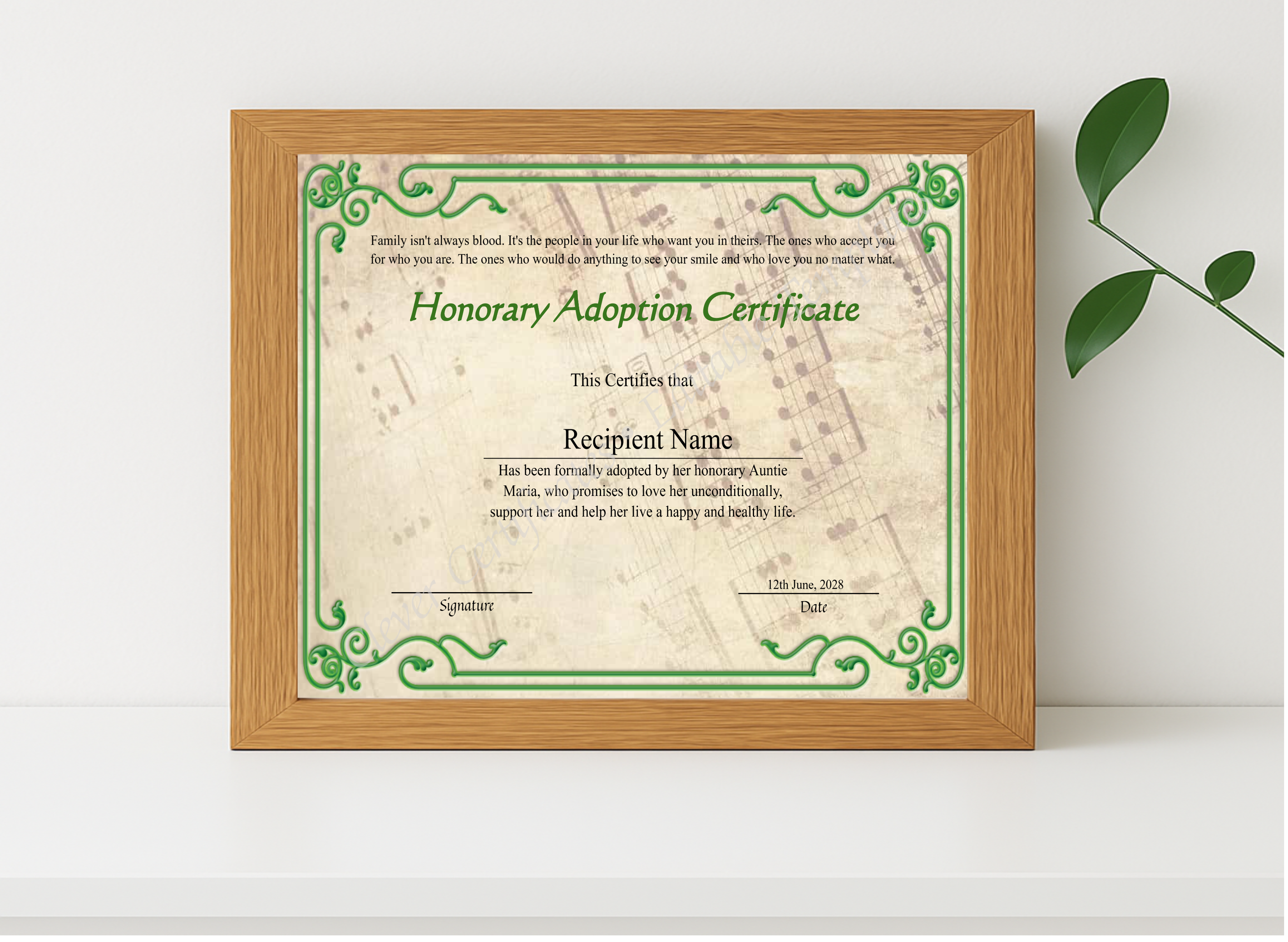 Realistic mockup featuring Editable Honorary Adoption Certificate displayed within a modern frame, set against a minimalistic background.