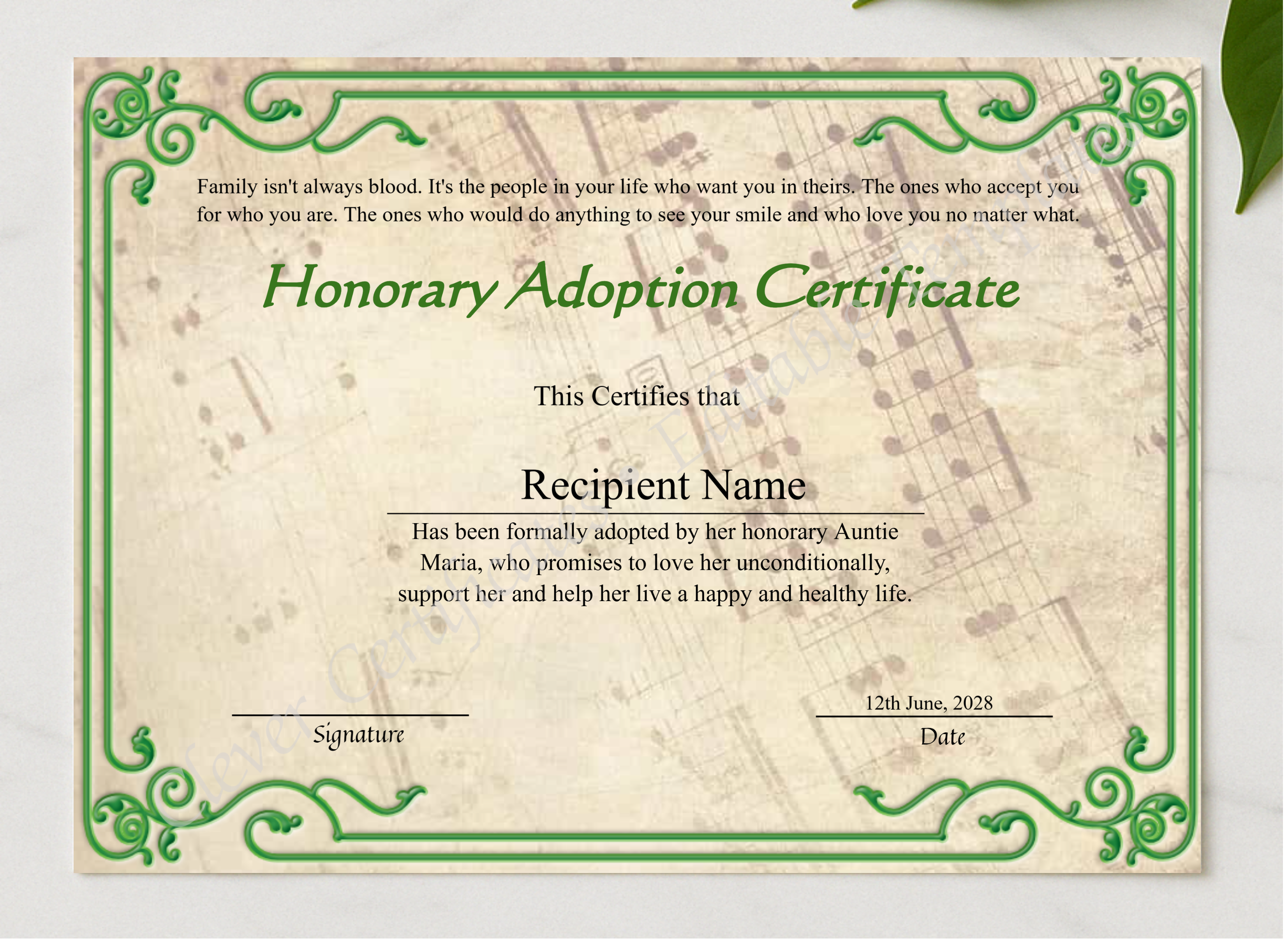 Editable Honorary Adoption Certificate presented in a sleek wooden frame, elegantly arranged on a stylish table.