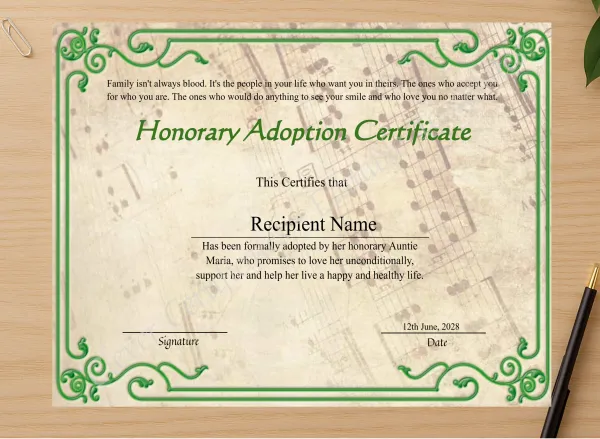 Professional preview of Editable Honorary Adoption Certificate certificate on high-quality stationery paper, ideal for showcasing the final look.
