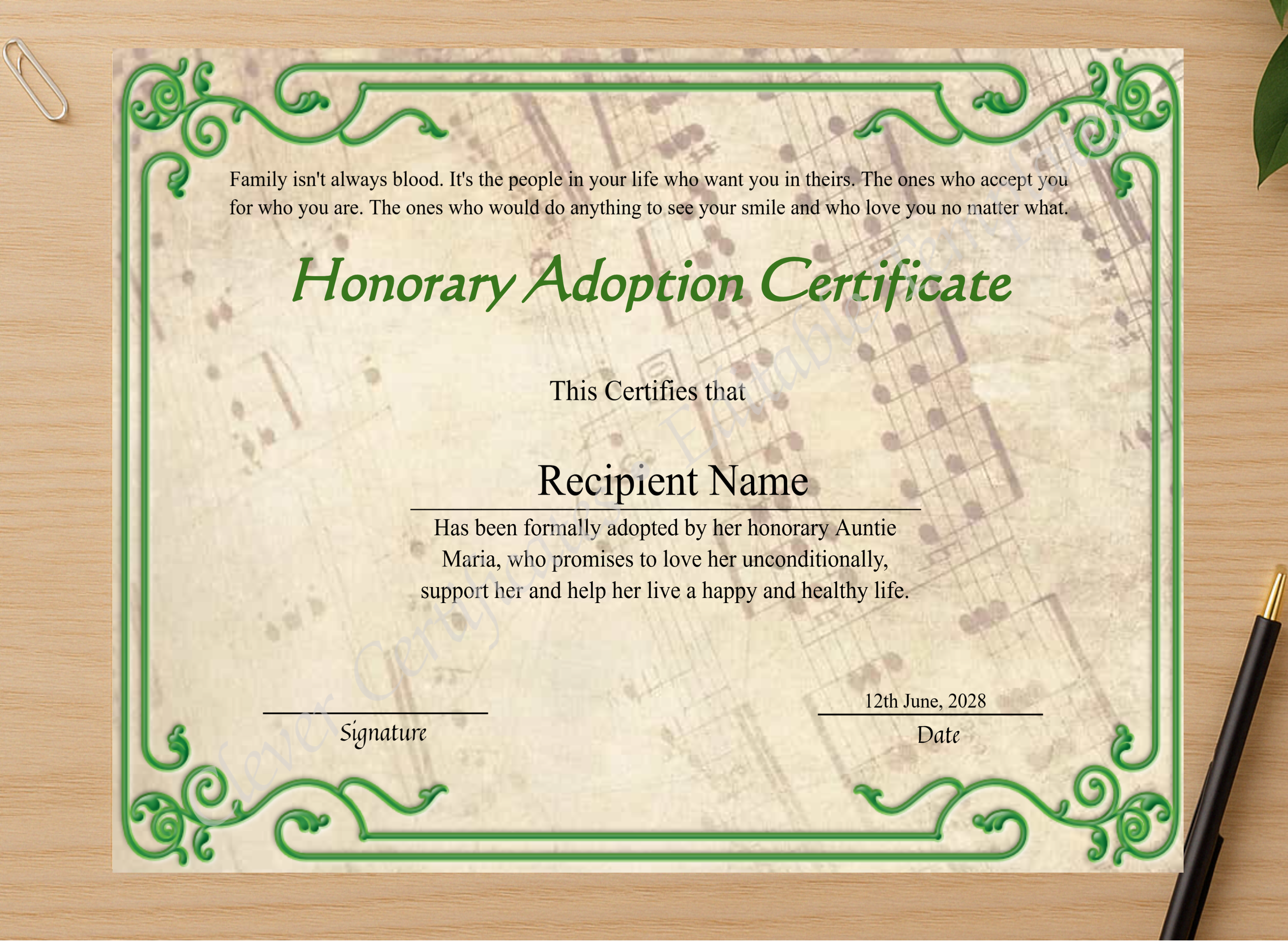 Professional preview of Editable Honorary Adoption Certificate certificate on high-quality stationery paper, ideal for showcasing the final look.