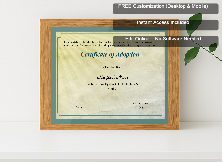 Premium mockup with Free Editor badge stack for Printable Certificate Of Adoption