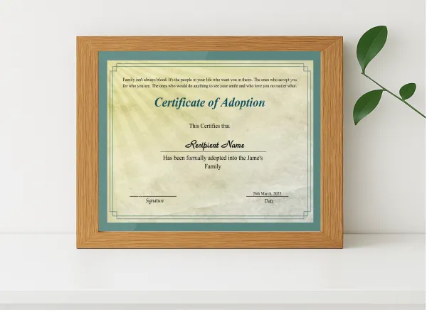 Realistic mockup featuring Printable Certificate Of Adoption displayed within a modern frame, set against a minimalistic background.