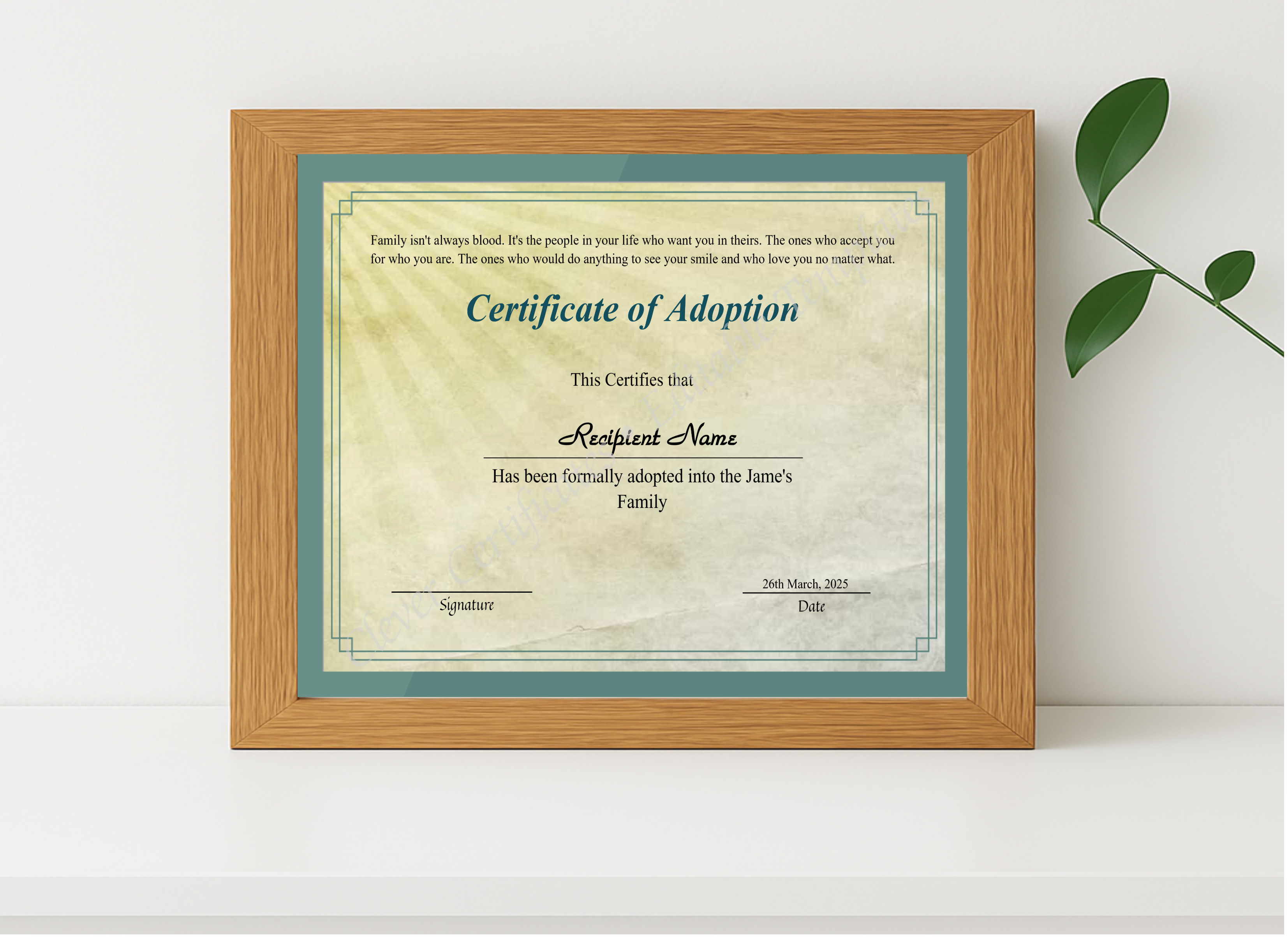 Realistic mockup featuring Printable Certificate Of Adoption displayed within a modern frame, set against a minimalistic background.