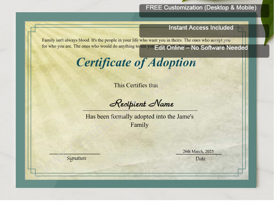 Framed preview featuring Free Editor badge stack for Printable Certificate Of Adoption