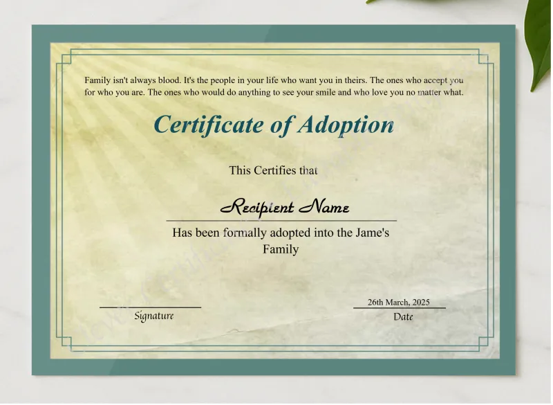 Printable Certificate Of Adoption presented in a sleek wooden frame, elegantly arranged on a stylish table.