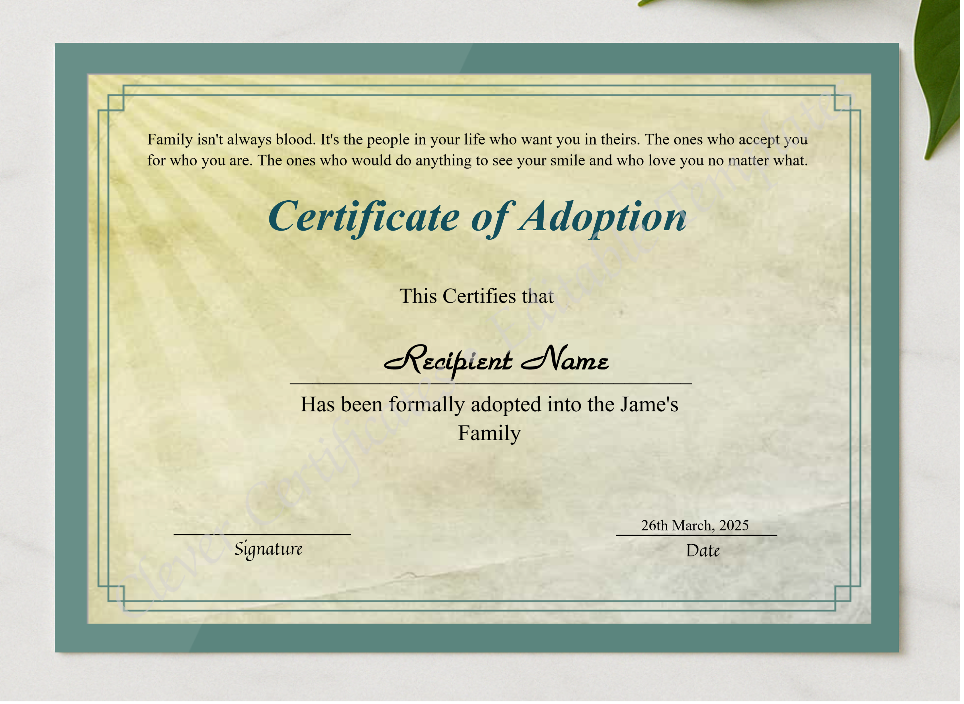 Printable Certificate Of Adoption presented in a sleek wooden frame, elegantly arranged on a stylish table.