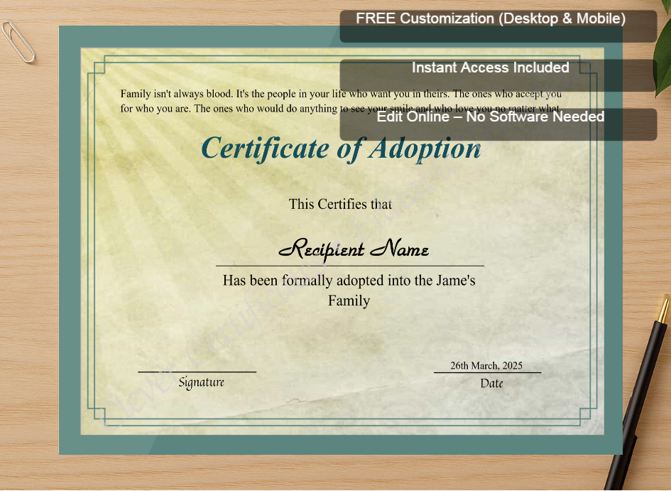 Zoomed preview with Free Editor badge stack for Printable Certificate Of Adoption