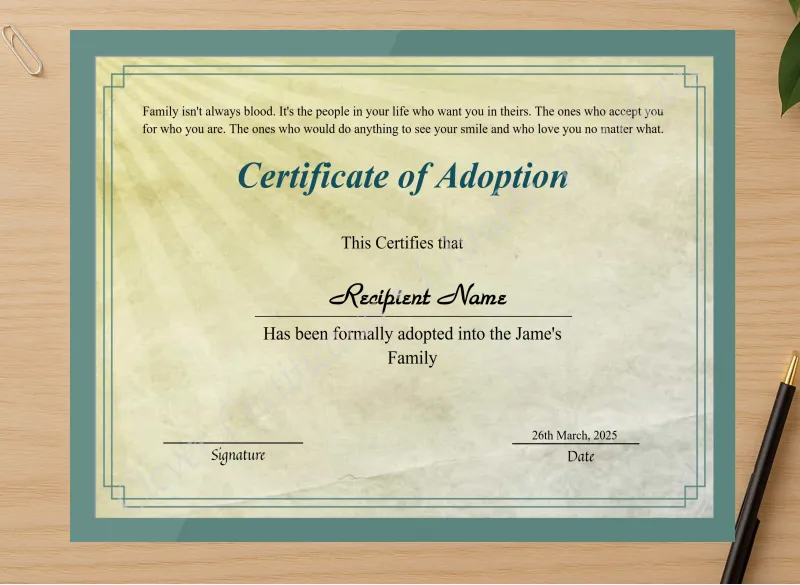 Professional preview of Printable Certificate Of Adoption certificate on high-quality stationery paper, ideal for showcasing the final look.