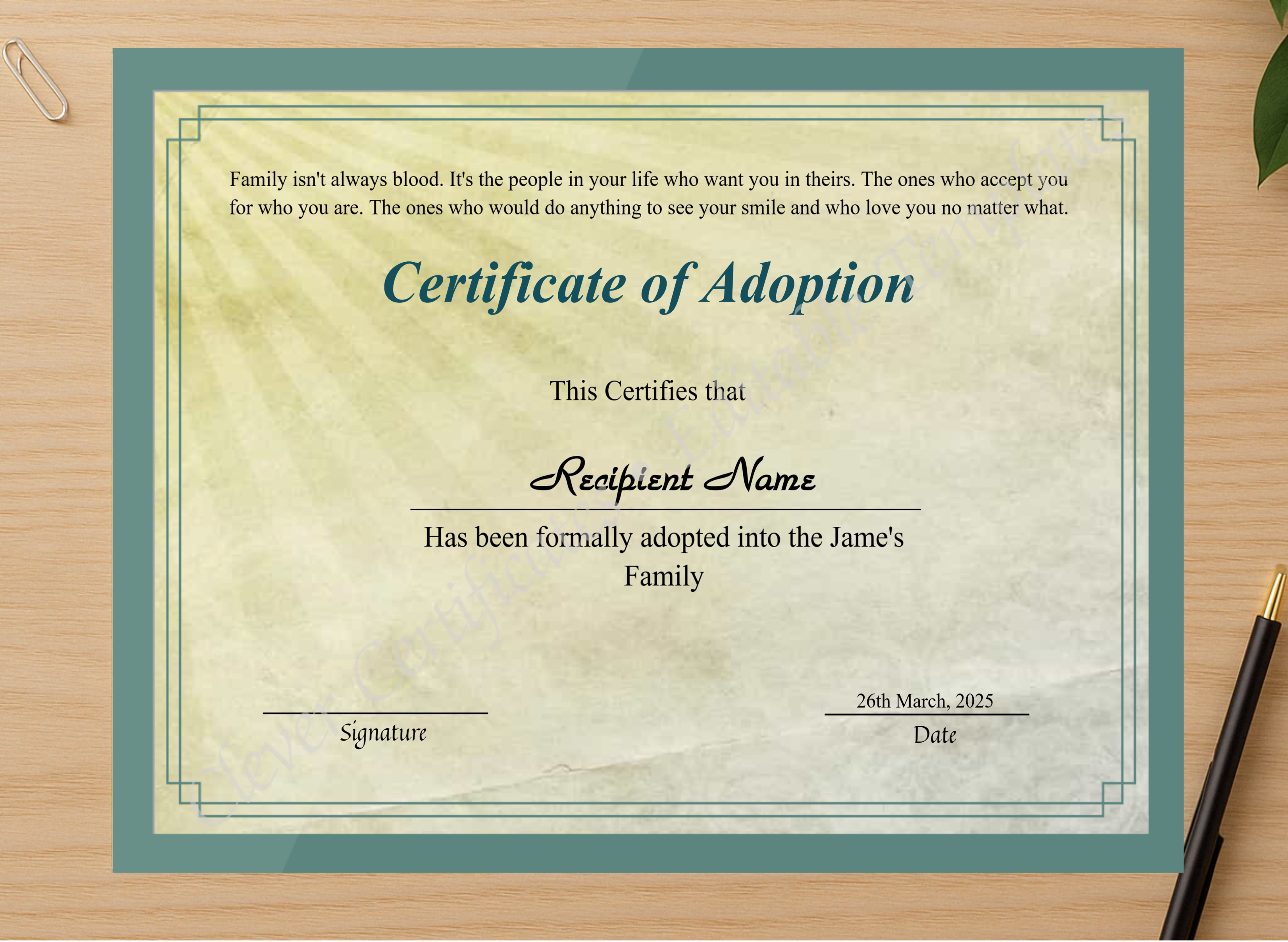 Professional preview of Printable Certificate Of Adoption certificate on high-quality stationery paper, ideal for showcasing the final look.