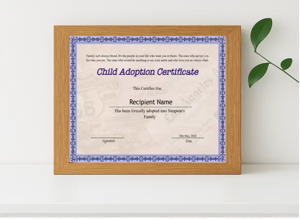 Realistic mockup featuring Editable Certificate Of Child Adoption displayed within a modern frame, set against a minimalistic background.