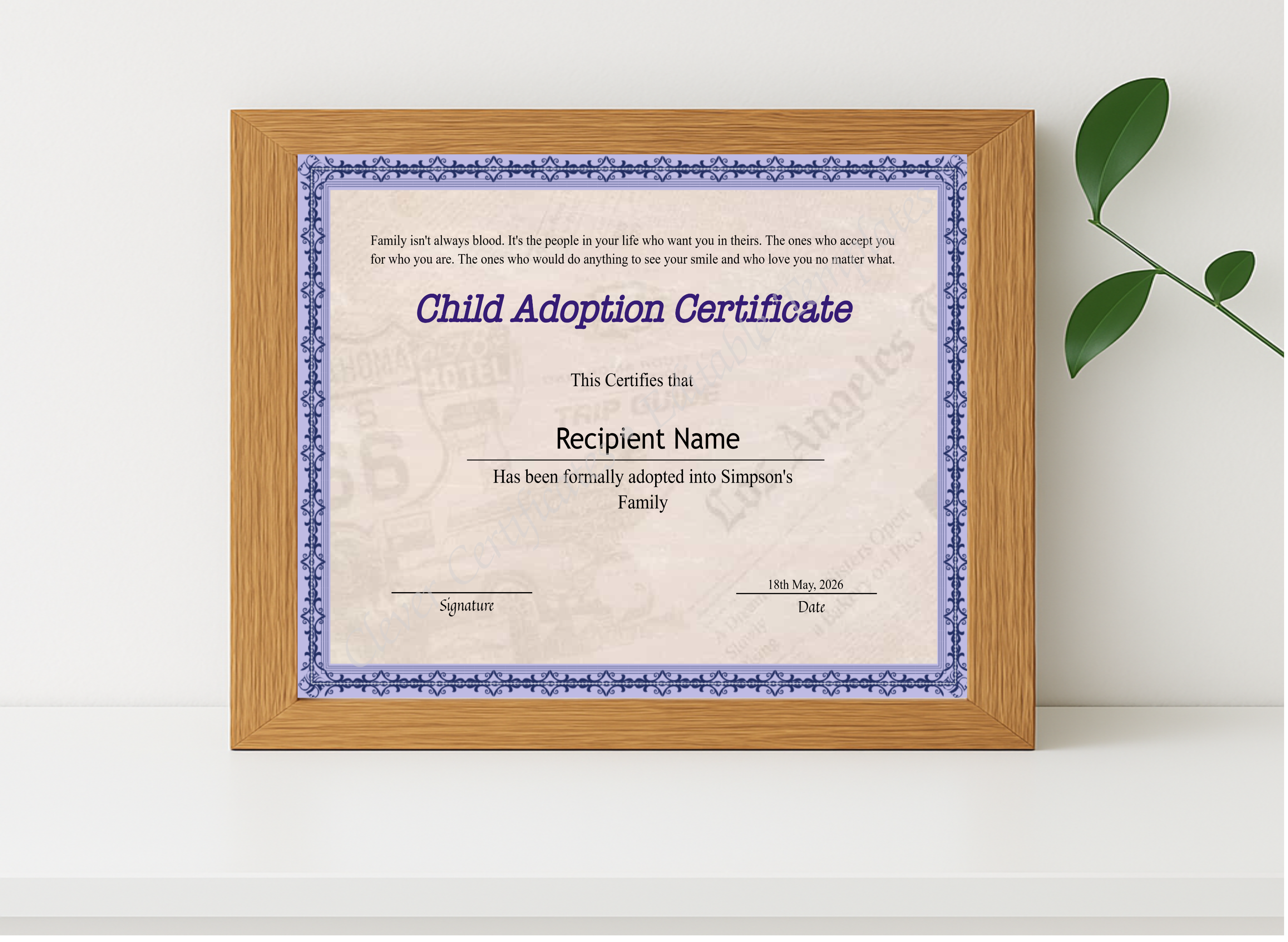 Realistic mockup featuring Editable Certificate Of Child Adoption displayed within a modern frame, set against a minimalistic background.
