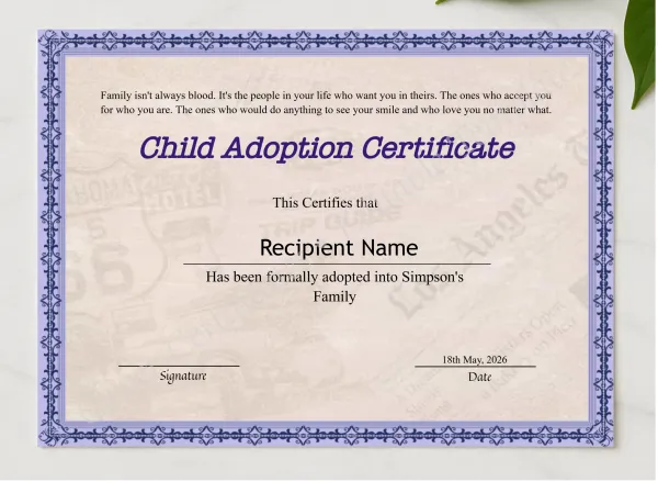 Editable Certificate Of Child Adoption presented in a sleek wooden frame, elegantly arranged on a stylish table.