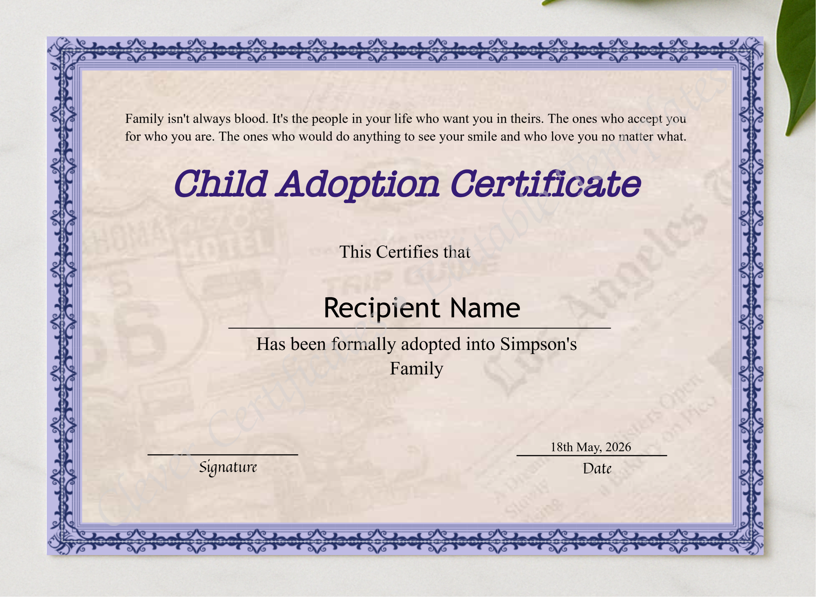 Editable Certificate Of Child Adoption presented in a sleek wooden frame, elegantly arranged on a stylish table.