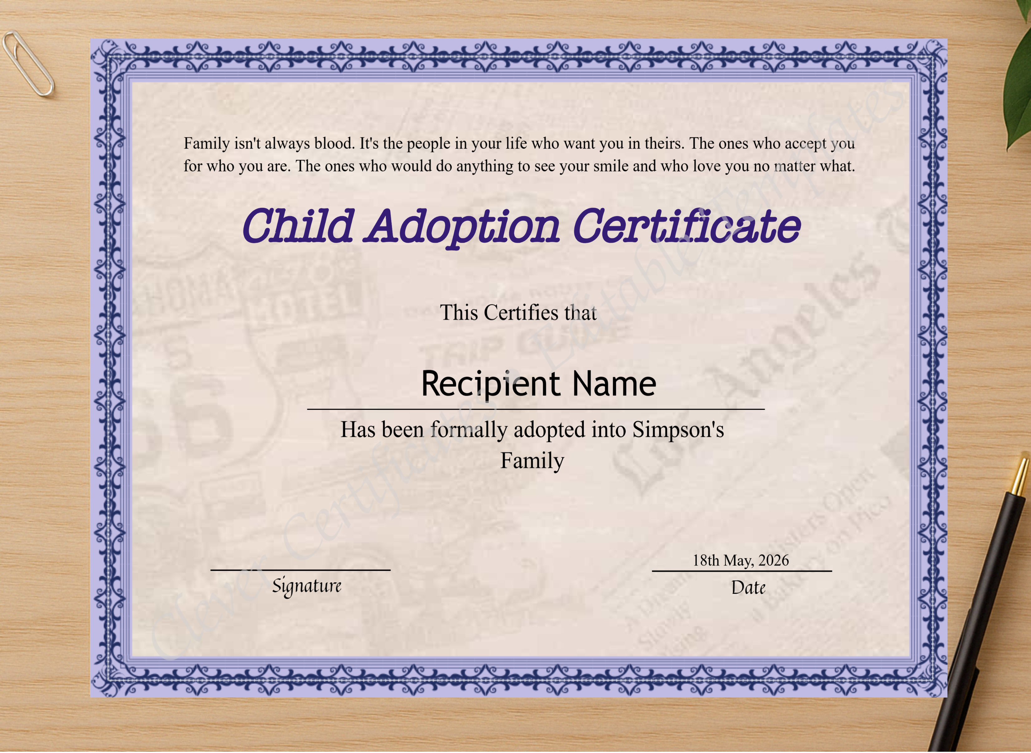 Professional preview of Editable Certificate Of Child Adoption certificate on high-quality stationery paper, ideal for showcasing the final look.