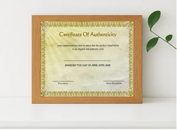 Realistic mockup featuring Editable Certificate Of Authenticity displayed within a modern frame, set against a minimalistic background.