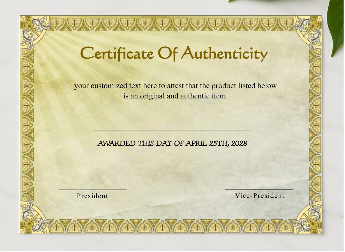 Editable Certificate Of Authenticity presented in a sleek wooden frame, elegantly arranged on a stylish table.