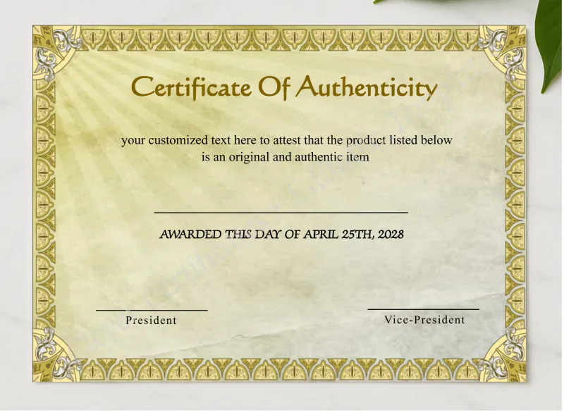 Editable Certificate Of Authenticity presented in a sleek wooden frame, elegantly arranged on a stylish table.